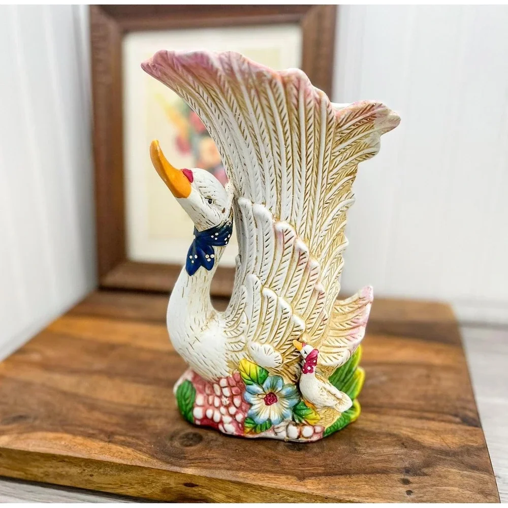 Vintage Ceramic Swan Vase Planter: White Goose‎ Decor
